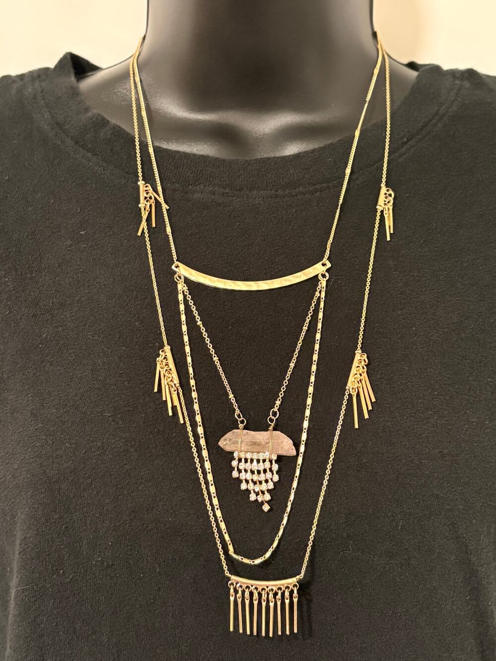 Boho Gold Tone Layered Station Necklace Raw Stone & Fringe Spike Accents